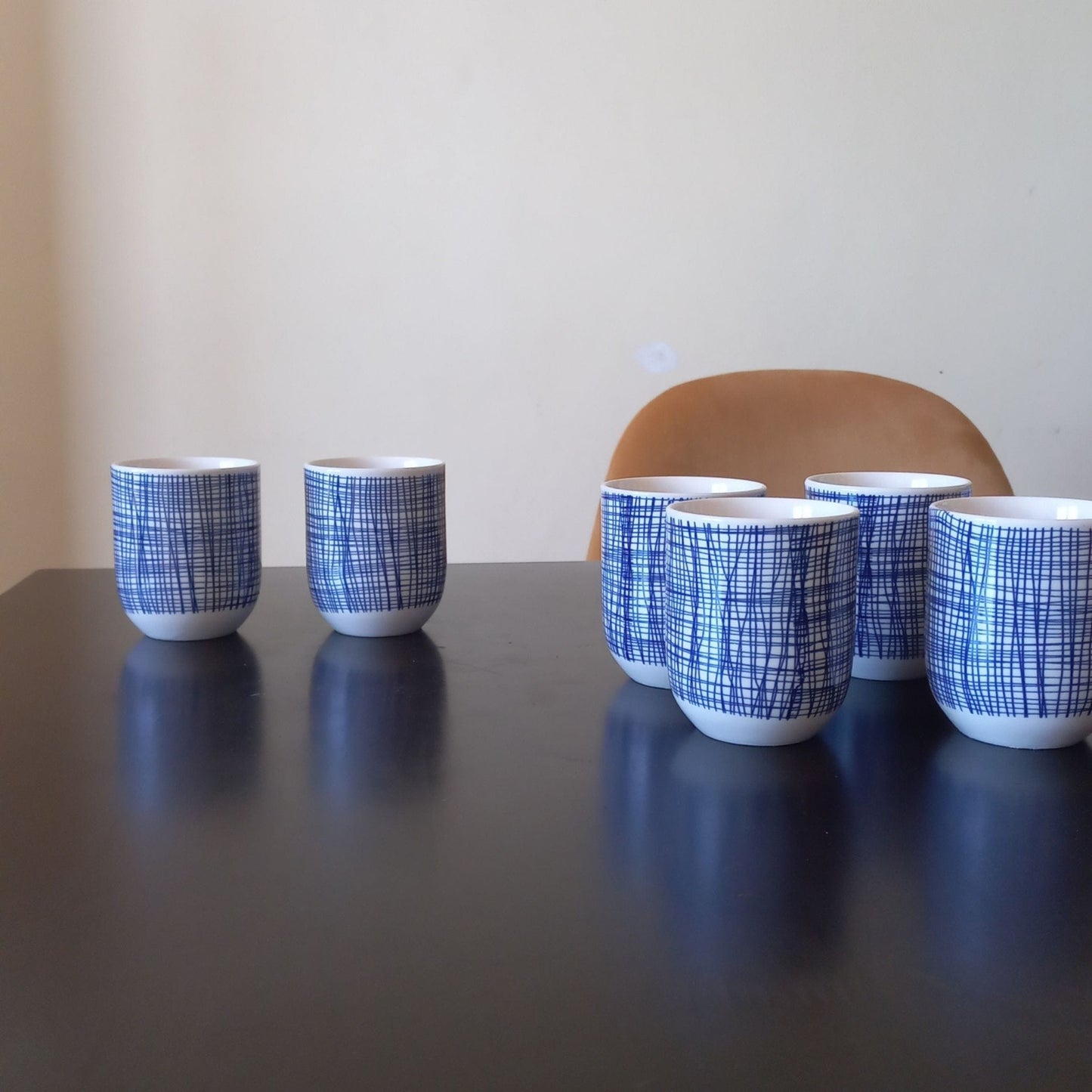 Earth & Artisan Blue Cross-Hatch Ceramic Tea Cup Set (6 pcs)