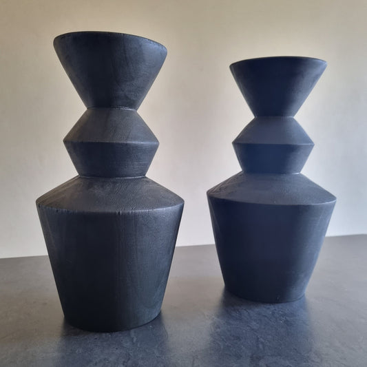 Charcoal Geometric Hand-Carved Wooden Dry Foliage Vases (Set of 2)