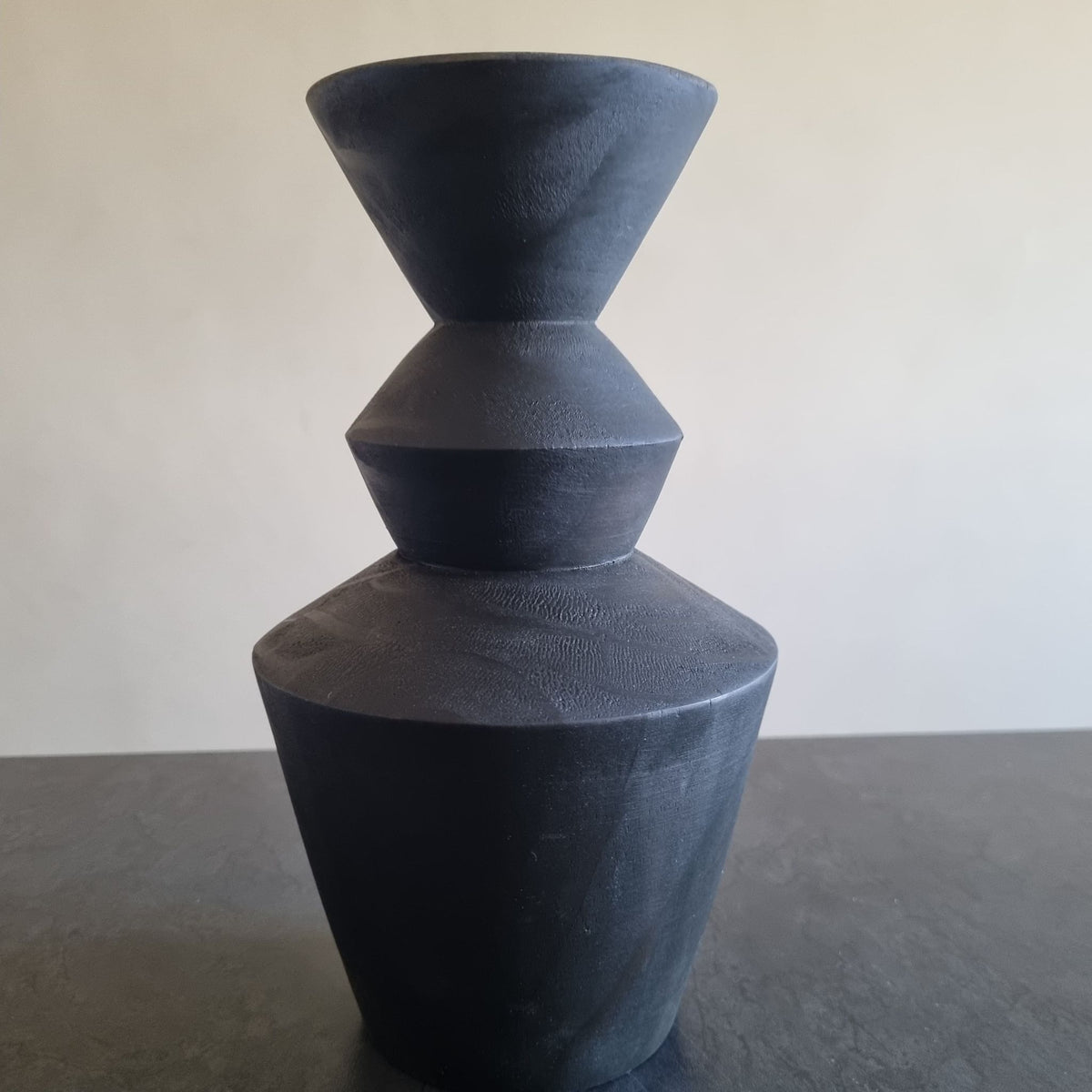 Charcoal Geometric Hand-Carved Wooden Dry Foliage Vases (Set of 2)