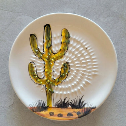 Ceramic grater plate with a cactus design on a gray surface