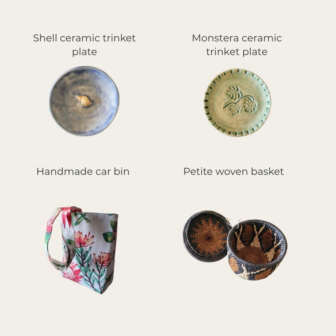 Collection of decorative items including shell ceramic trinket plate, monstera ceramic trinket plate, handmade car bin, and petite woven basket on a white background.