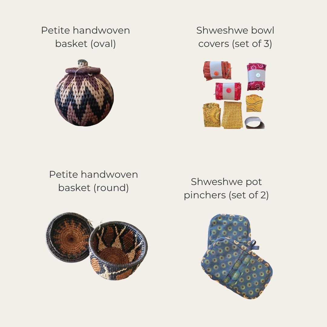 Collection of handwoven baskets and shweshwe items on a beige background