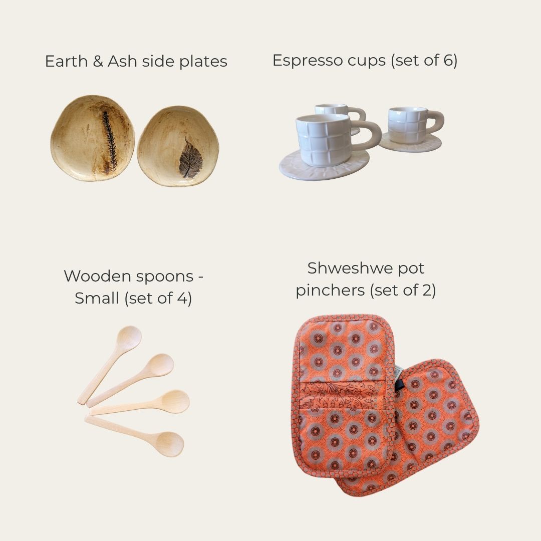 Collection of kitchenware items including side plates, espresso cups, wooden spoons, and pot pinchers on a white background.