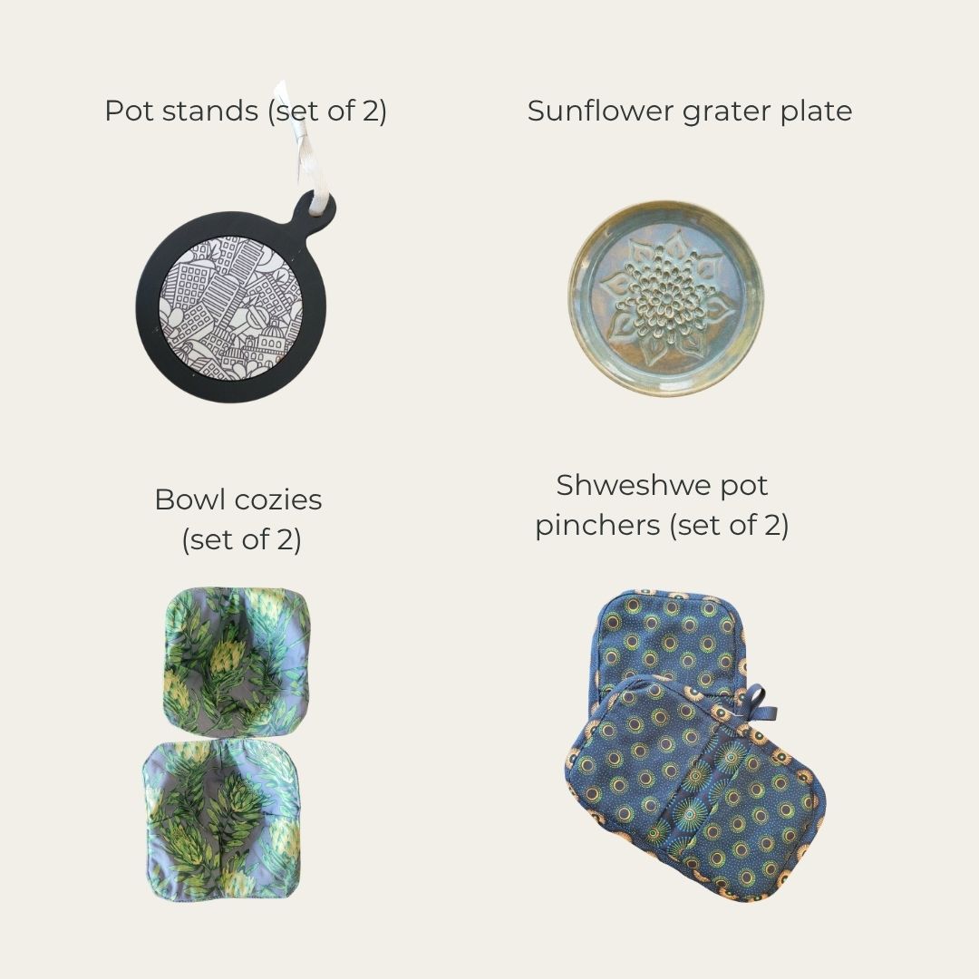 Set of kitchen items including pot stands, sunflower grater plate, bowl cozies, and shweshwe pot pinchers on a beige background.